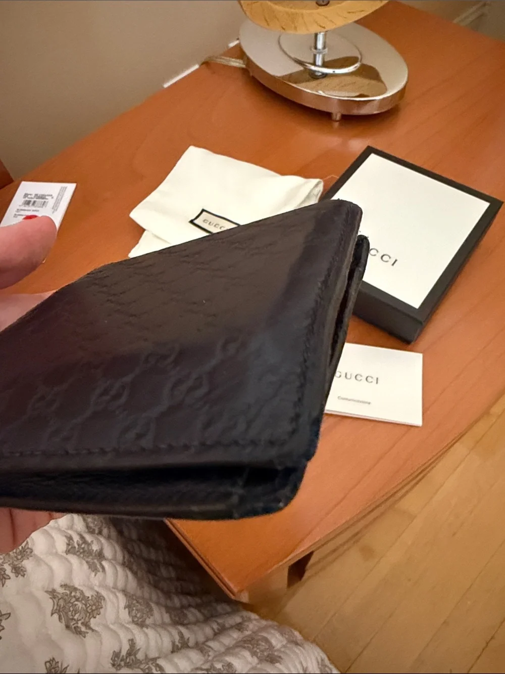 Gucci DARK BLUE Embossed Leather Bi-Fold Wallet with Logo Pattern